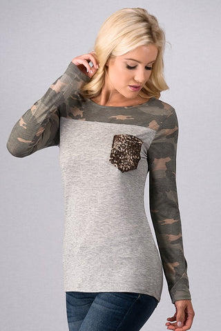 Camouflage Color Block Top with Sequin Pocket