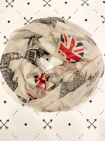 White with British flag fashion scarf, British Flag scarf, London scarf, Big Ben, Palace of Westminster scarf, British Scarf