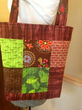 Brown and green tones - Cotton tote/purse bag quilted with pocket inside and zipper to close