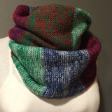 Blue Red and Green Striped Knit Mohair Wool Cowl Chunky Super Soft Neck Warmer Circle Loop Infinity Scarf