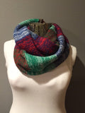 Blue Red and Green Striped Knit Mohair Wool Cowl Chunky Super Soft Neck Warmer Circle Loop Infinity Scarf