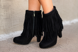 Fringe Booties in Black Suede Heels