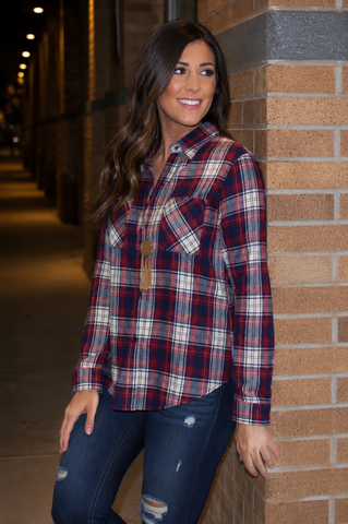 Red Plaid Print Top with optional roll up sleeves and front pockets