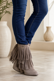 Fringe Booties in Taupe Brown Suede Heels