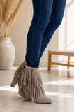Fringe Booties in Taupe Brown Suede Heels