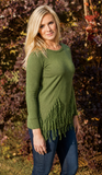 Olive Green Fringed Sweater Long Sleeve Crewneck