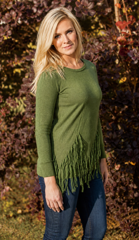 Olive Green Fringed Sweater Long Sleeve Crewneck