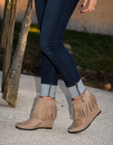 Fringe Wedge Booties in Taupe Brown Suede Heels