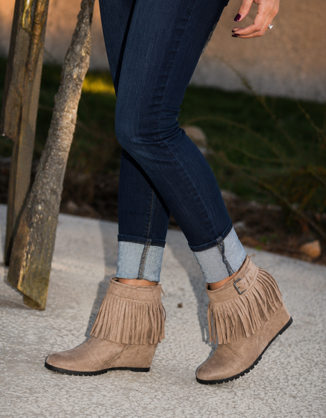 Fringe Wedge Booties in Taupe Brown Suede Heels