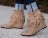 Fringe Wedge Booties in Taupe Brown Suede Heels