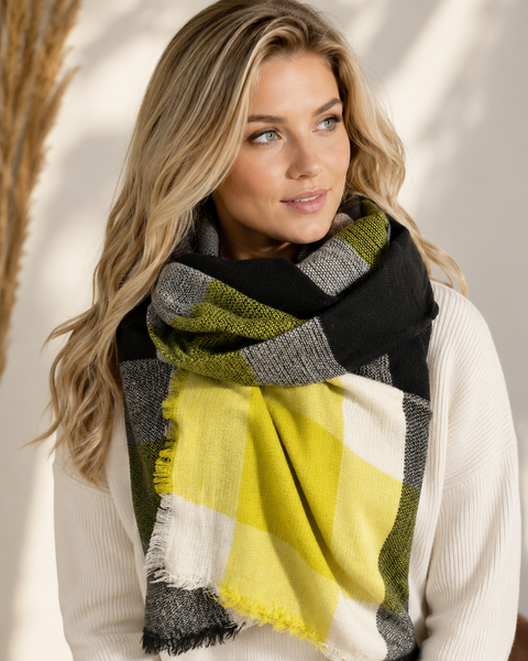 Plaid dark gray yellow and white blanket scarf