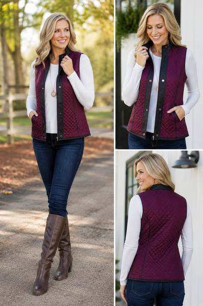Plum and Black Quilted Outerwear Vest