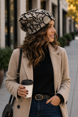 Beige with Black Lettering Hat Skullie Beanie or Headband