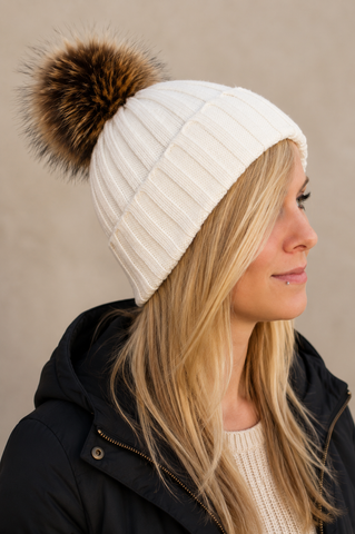 Off White Knit Hat with Fur Pom Pom