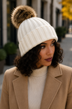 Off White Knit Hat with Fur Pom Pom