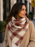 Ivory with Red Yellow Green and Black Windowpane Plaid Oversized Blanket Scarf