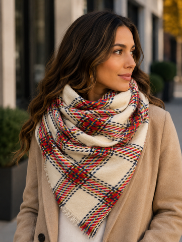 Ivory with Red Yellow Green and Black Windowpane Plaid Oversized Blanket Scarf