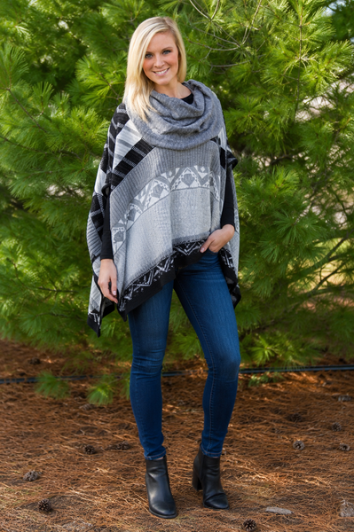 Black and Gray Cowl Neck Poncho