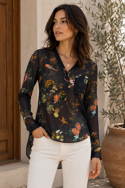 Womens Roll Up Long Sleeve Floral Print Chiffon Blouse Top