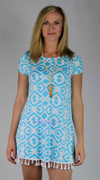 Aqua Multi Print Short Sleeve Tunic T Shirt Dress with Fringe Detail