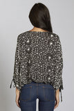 Geo Printed Button Up Blouse with Tie Sleeve Detail
