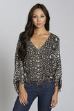 Geo Printed Button Up Blouse with Tie Sleeve Detail