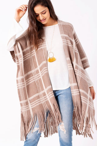 Plaid Woven Ruana with Fringe