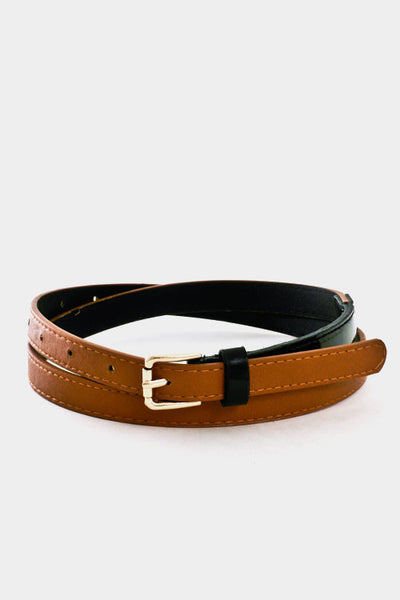 Slim Faux Brown Leather and Black Patent Belt