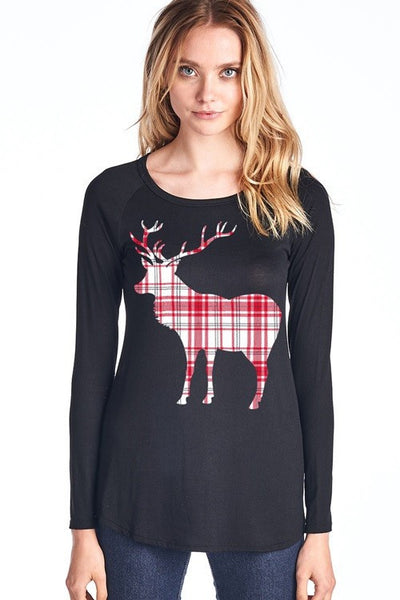 Black Plaid Deer Design Top