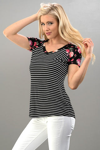 Black Striped Floral Sleeve Top