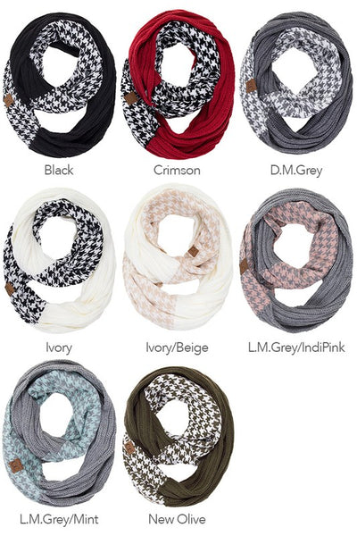 CC Knitted Houndstooth Ribbed Infinity Scarf