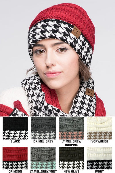 CC Knitted Beanie with Houndstooth Cuff