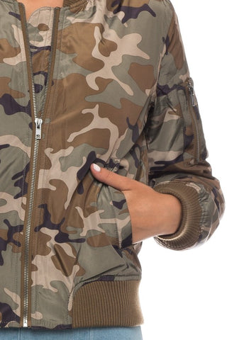 Camo Print Bomber Jacket with Pockets