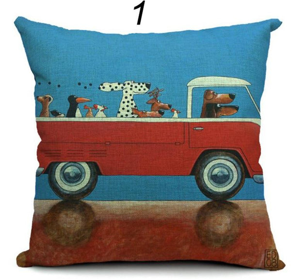 Cartoon Dogs Driving Vintage Cars Pillow Cover