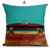 Cartoon Dogs Driving Vintage Cars Pillow Cover