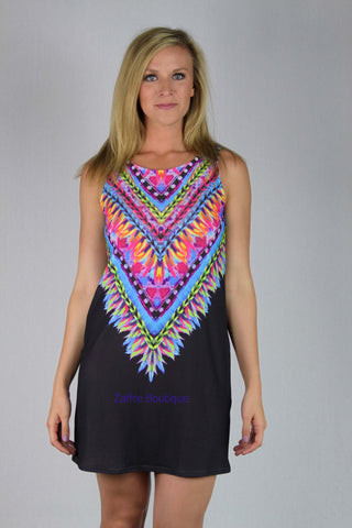 Tribal Print Black Sleeveless Tunic T-Shirt Dress