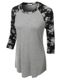 Ultra Soft 3/4 Sleeve Floral Graphic Baseball Top