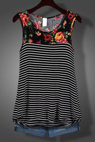 Black Floral Sleeveless Striped Tank Top