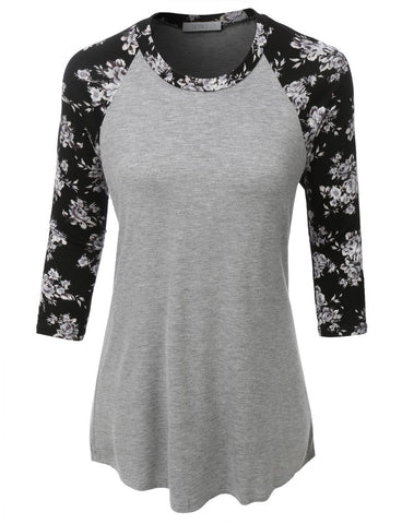 Ultra Soft 3/4 Sleeve Floral Graphic Baseball Top