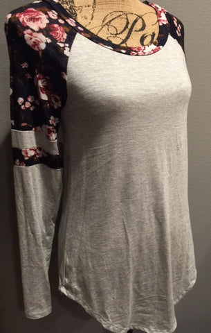 Heather Gray with Navy Floral Raglan Sleeve Top