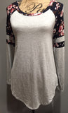 Heather Gray with Navy Floral Raglan Sleeve Top