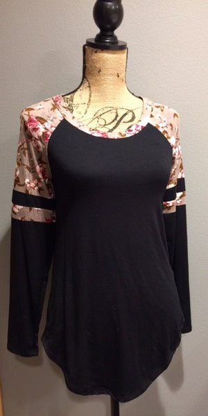 Black with Floral Raglan Sleeve Top