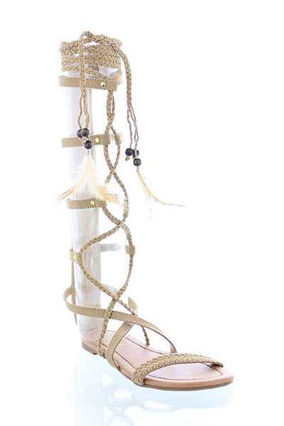 Beige Gladiator Lace Up Sandals