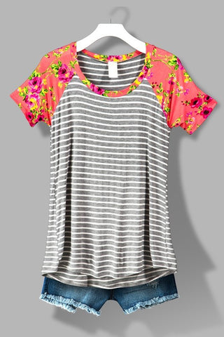 Gray with Coral Floral Raglan Sleeve Striped Shirt