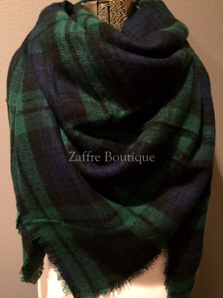 Plaid Green Navy Black Oversized Blanket Scarf