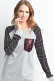Solid Top with Plaid Sleeves and Sequin Pocket