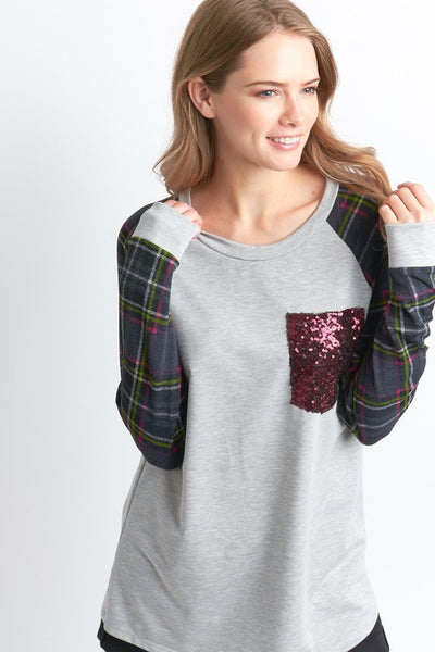 Solid Top with Plaid Sleeves and Sequin Pocket