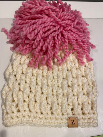 Ivory and Pink Chunky Crochet Hat