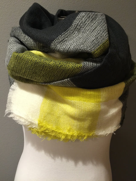 Plaid dark gray yellow and white blanket scarf