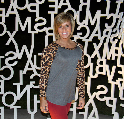 Charcoal Animal Print Sleeve Neck and Pocket Hi-Lo Top